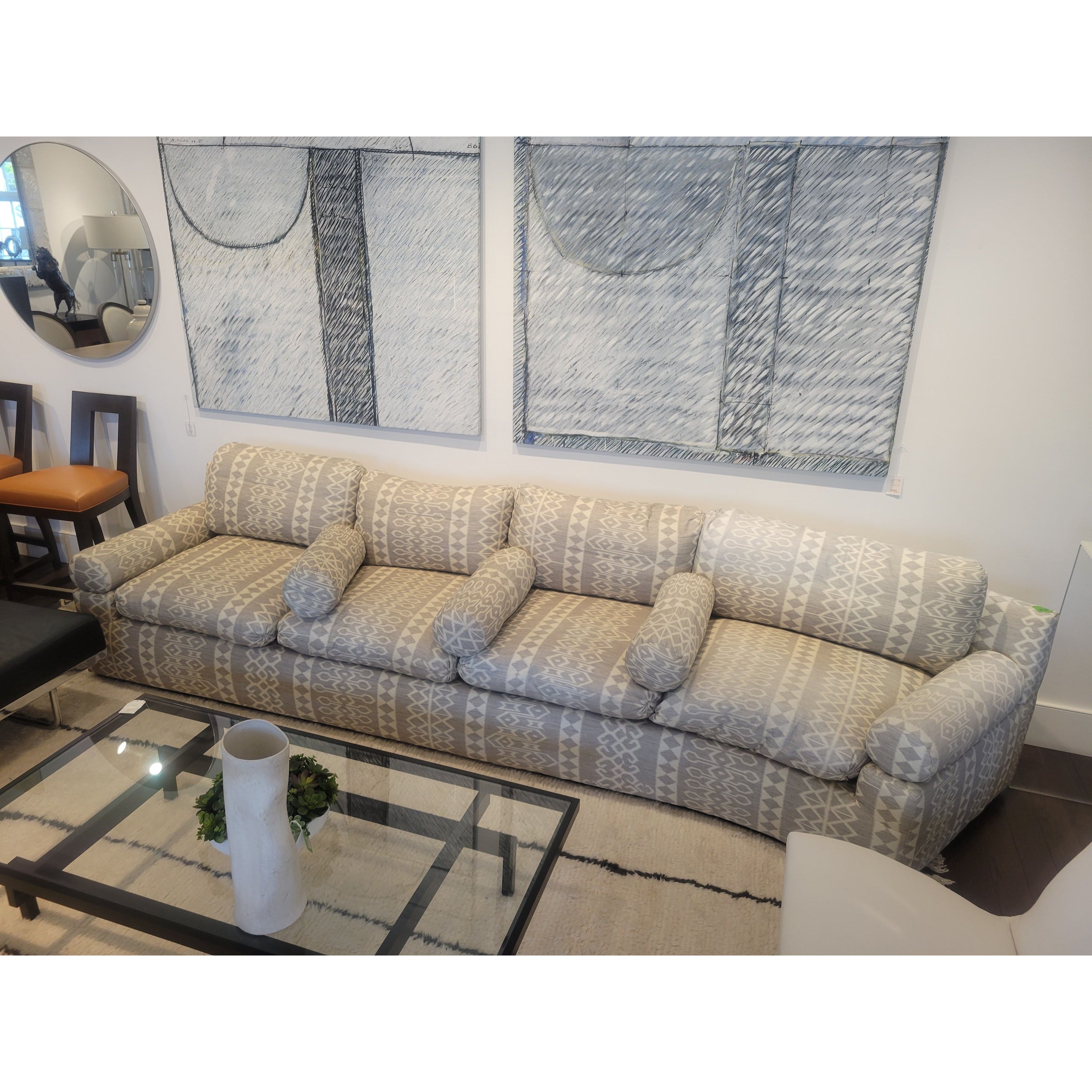 Custom Gray & White Upholstered Curved Sofa (AS IS)