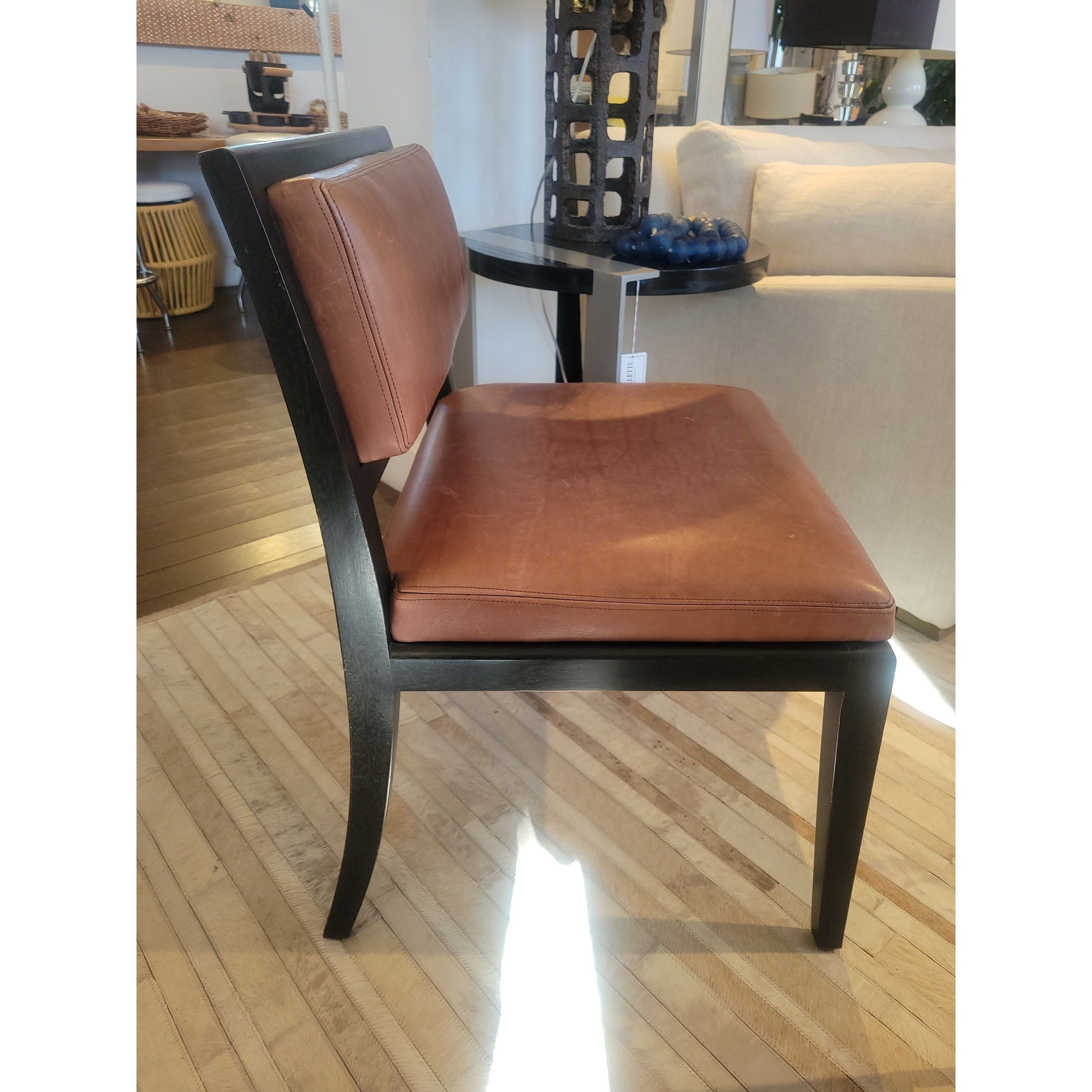 PAIR of Brown Leather & Dark Wood Chairs - colletteconsignment.com