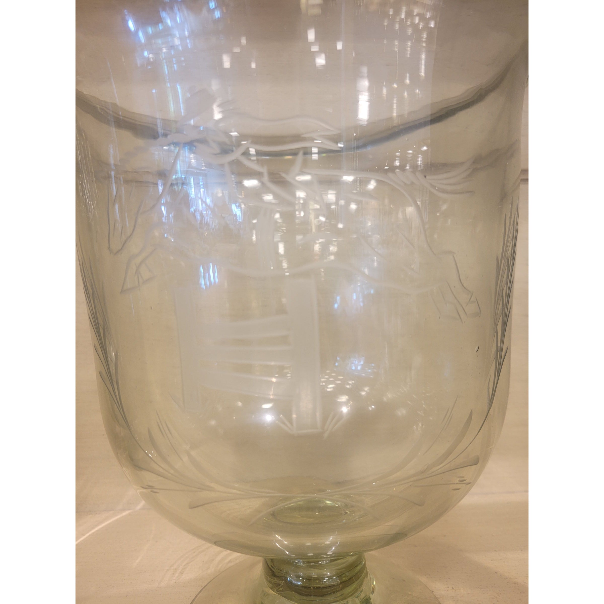 PAIR of Etched Glass Hurricanes w/ Equestrian Jumper Design