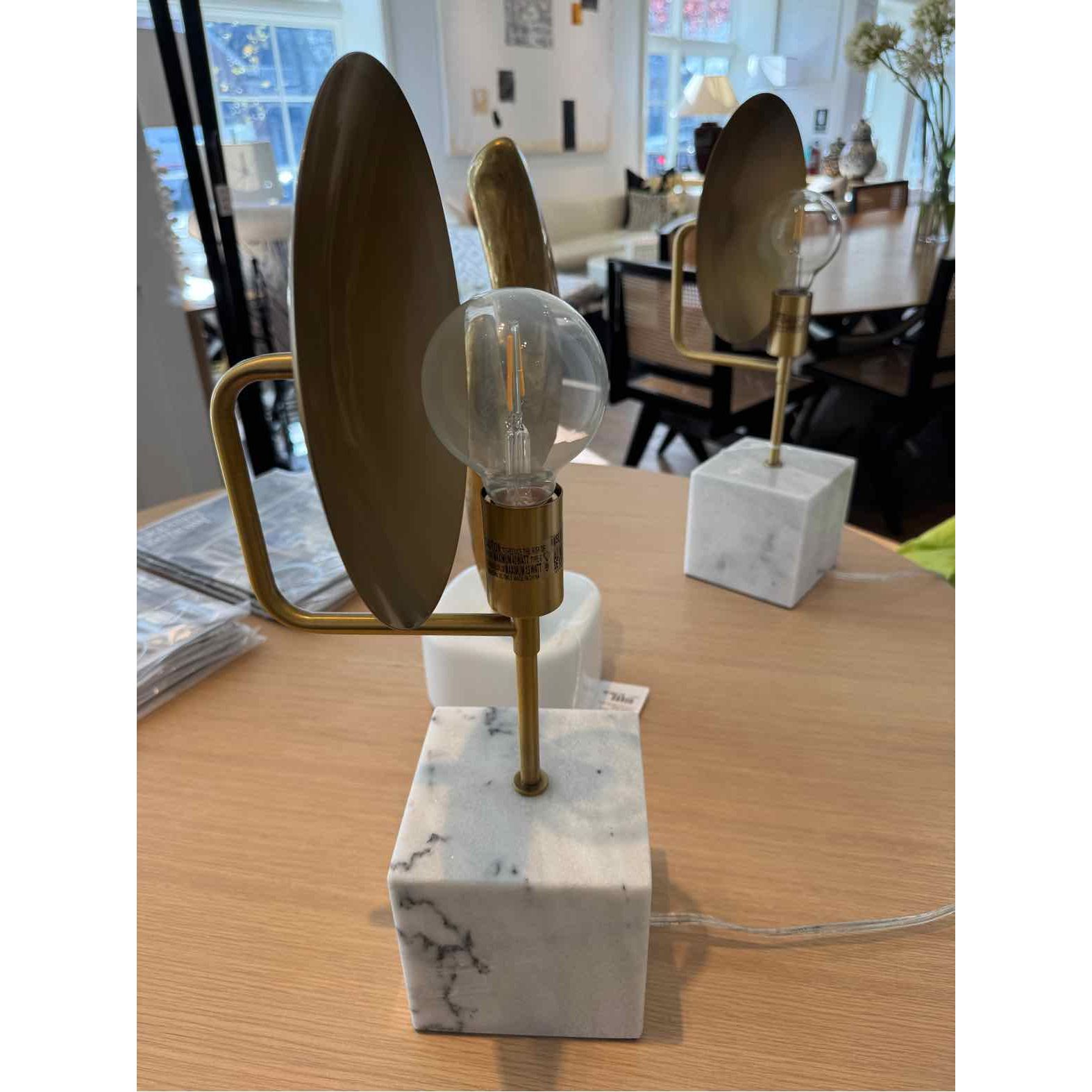 PAIR of Brass Reflector Table Lamps on White Marble Bases