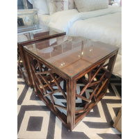 PAIR of Chinese Cracked Ice Wood Side Tables w/ Glass Tops c1900 - colletteconsignment.com