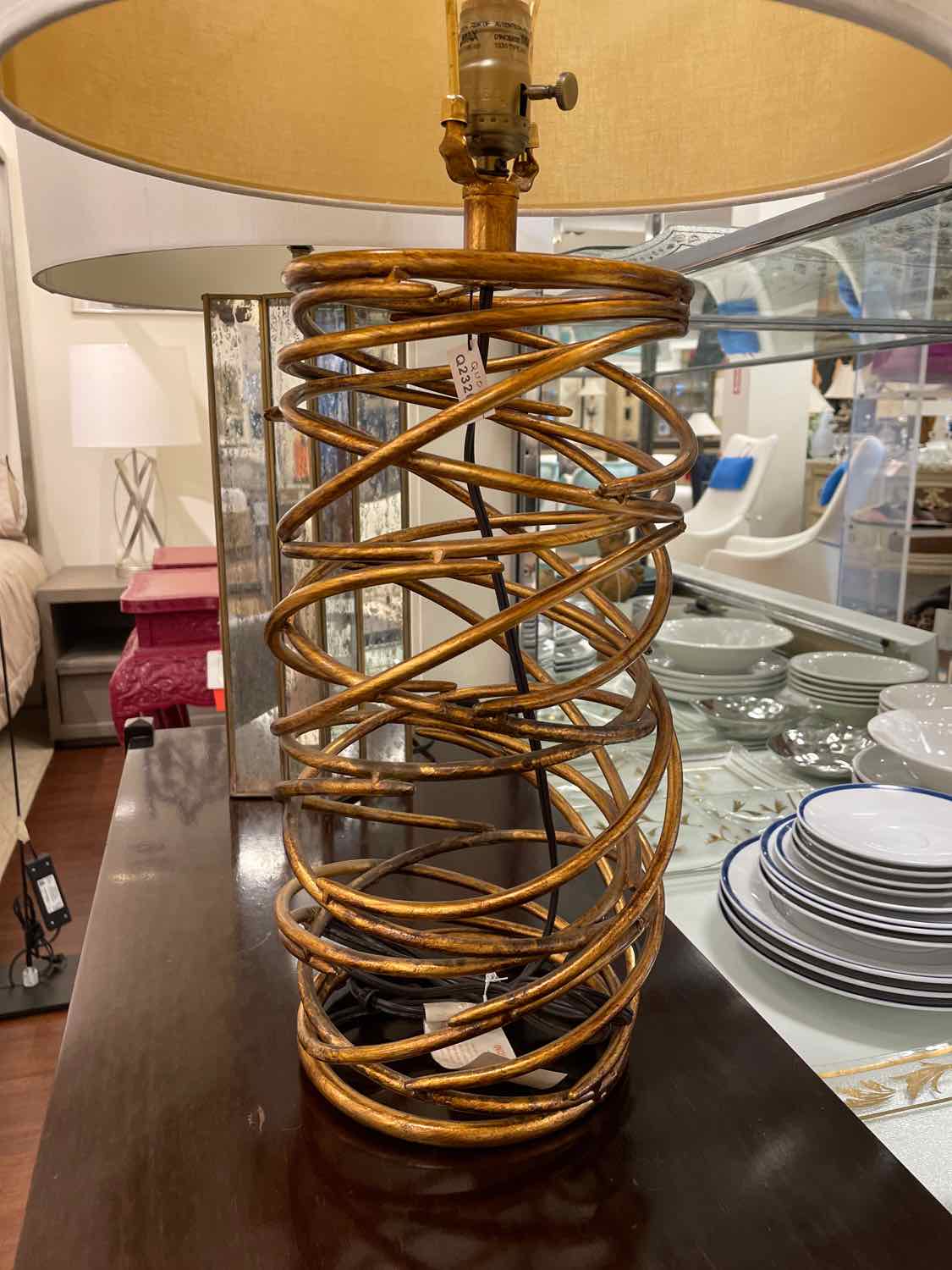 Brass Wire Cylindrical Table Lamp w/ White Shade (AS IS)
