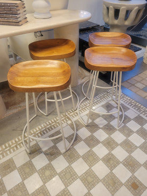 SET of 4 Wood Counter Stools on White Metal Bases