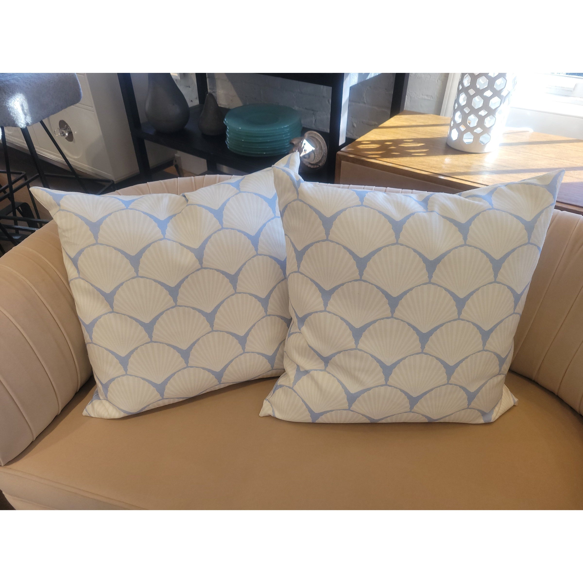 PAIR of Custom Off-White Seashells on Blue Square Pillows