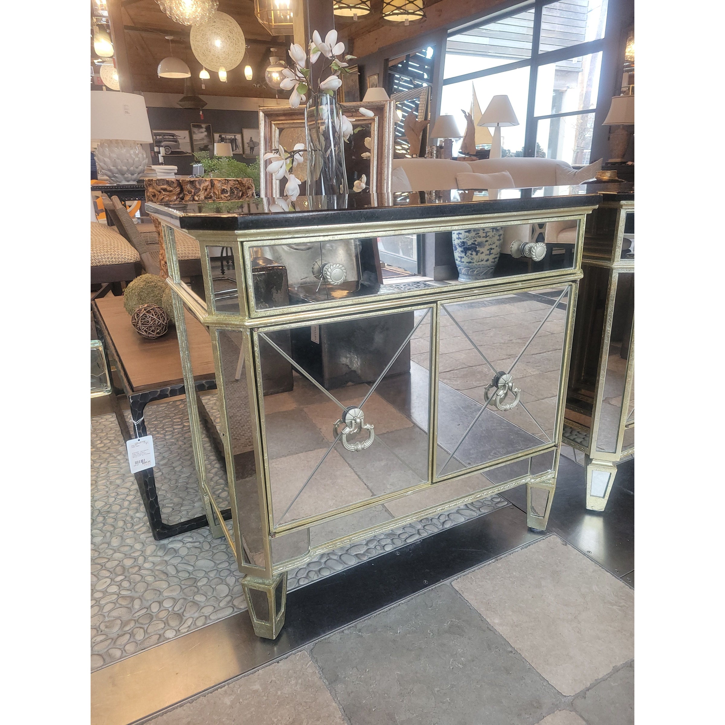 PAIR of Mirrored Glass Nightstands w/ Black Stone Tops (AS IS)