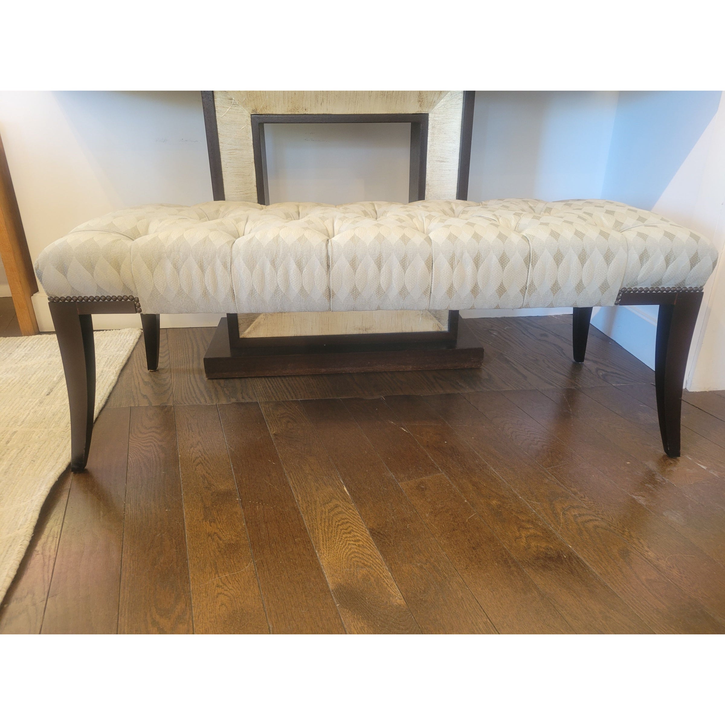 Adam Tufted Gray Diamonds Bench w/ Brass Nailhead Trim & Maple Legs by Baker - colletteconsignment.com