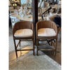 PAIR of Rattan Bar Stools w/ Wicker Backs & White Cushions