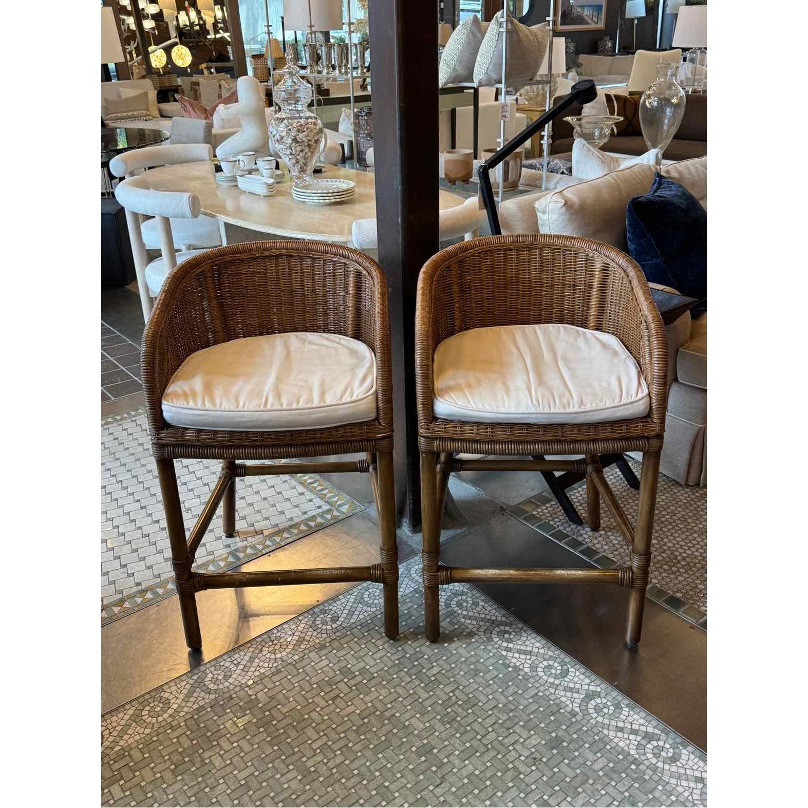 PAIR of Rattan Bar Stools w/ Wicker Backs & White Cushions