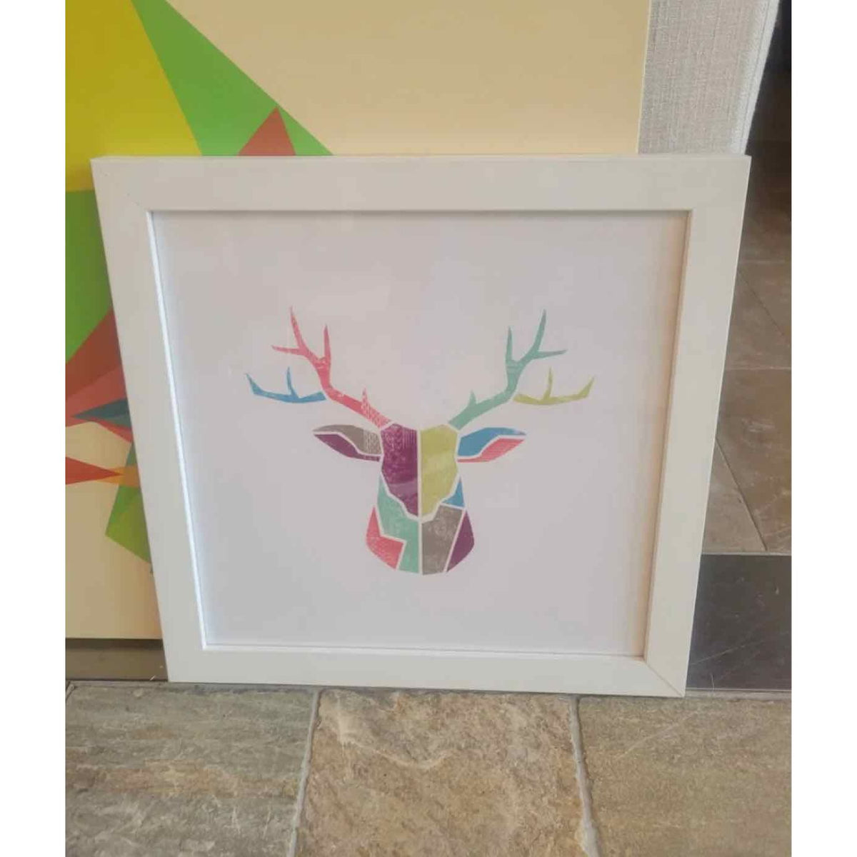 Multicolor Deer Print in White Frame
