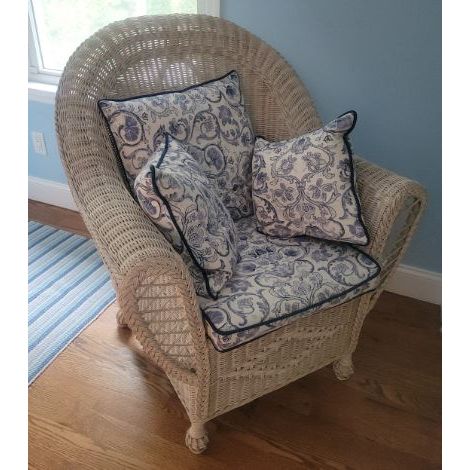 Vintage White Wicker Armchair w/ Toile Seat Cushion & 3 Pillows