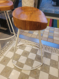 SET of 4 Wood Counter Stools on White Metal Bases