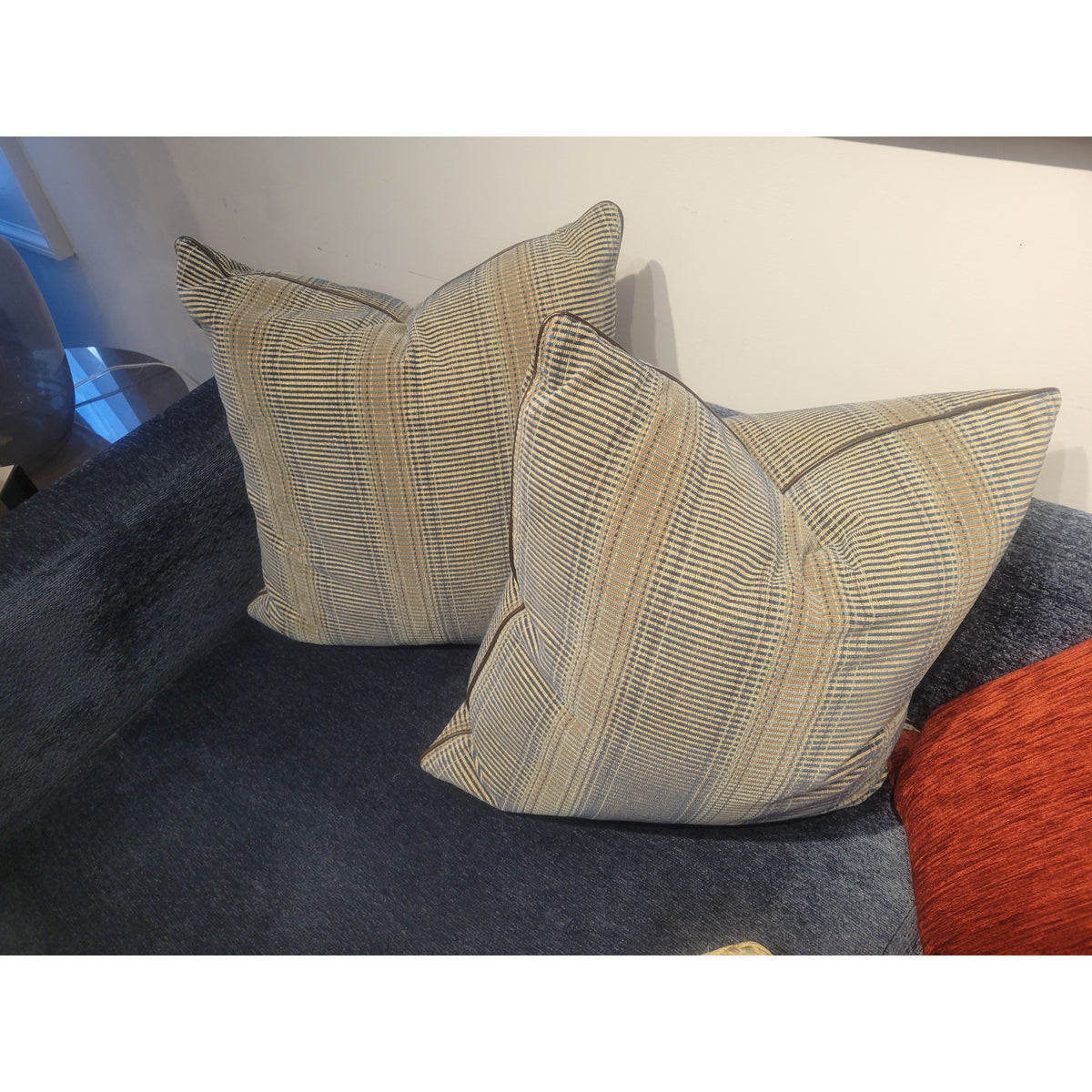 PAIR of Custom Blue & Beige Square Pillows w/ Leather Piping & Down Inserts - colletteconsignment.com