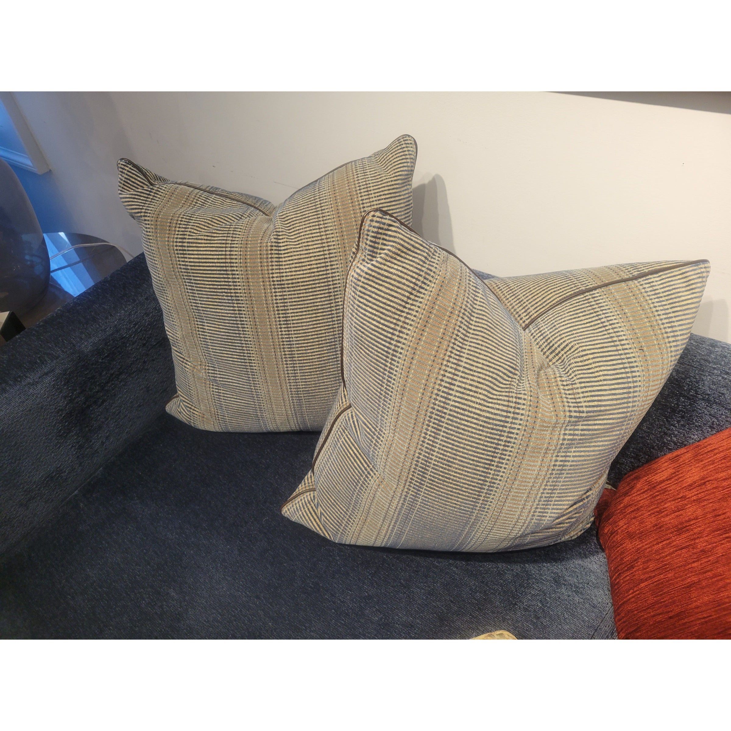 PAIR of Custom Blue & Beige Square Pillows w/ Leather Piping & Down Inserts - colletteconsignment.com