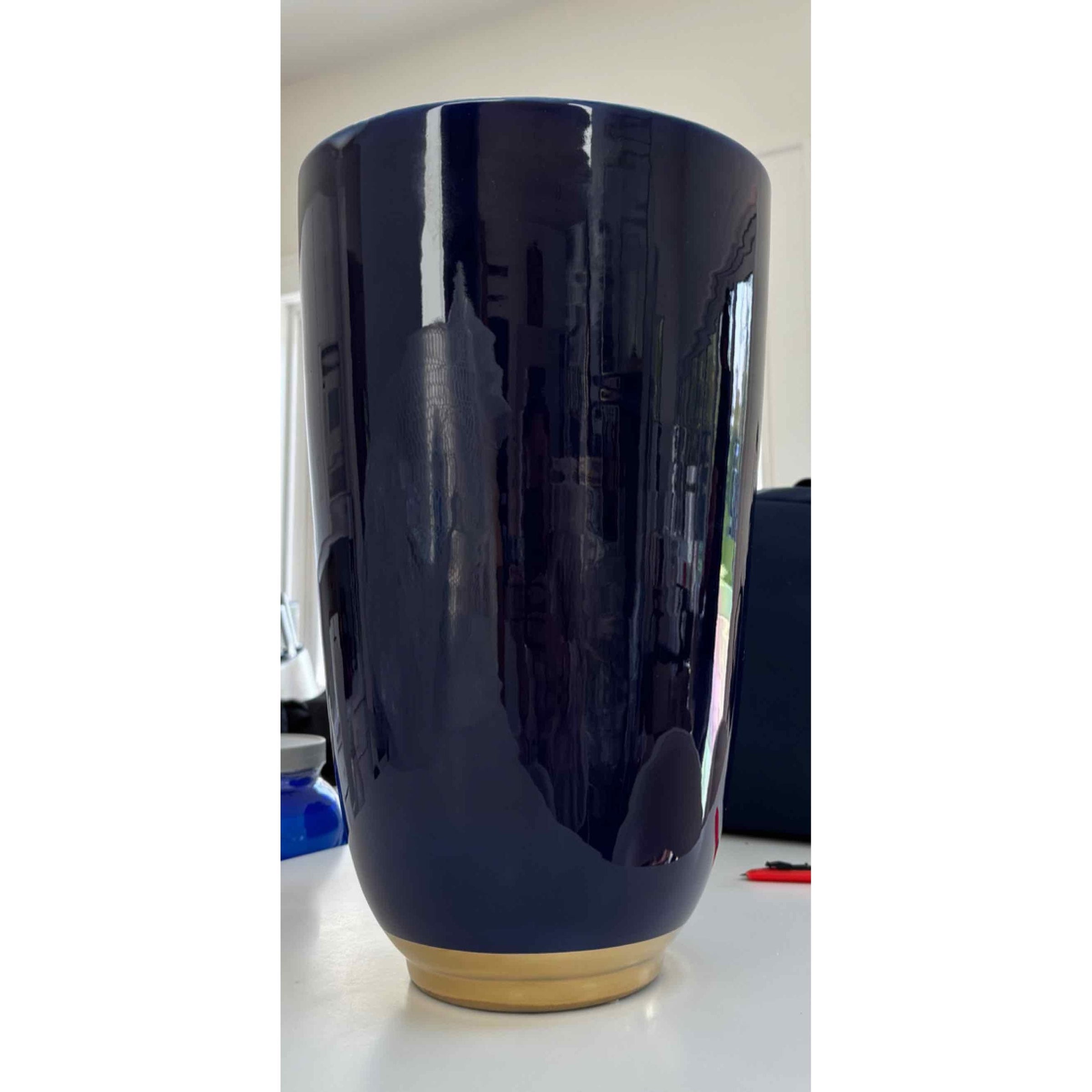 Williams Sonoma Large Navy Bue Vase & Gold Base