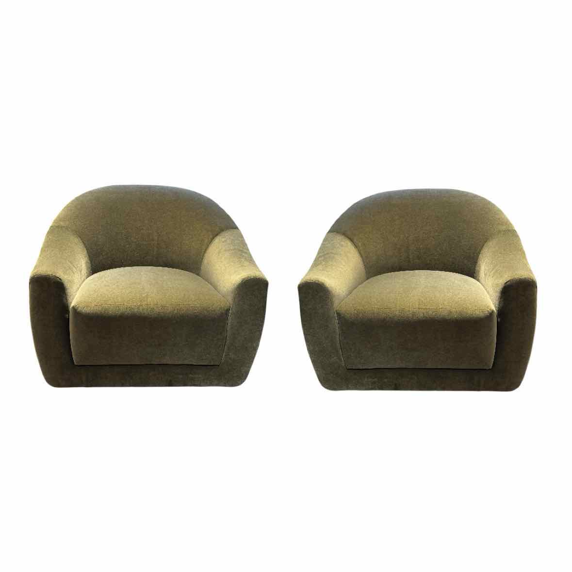 PAIR of Olive Velvet Chairs w/ Oak Legs