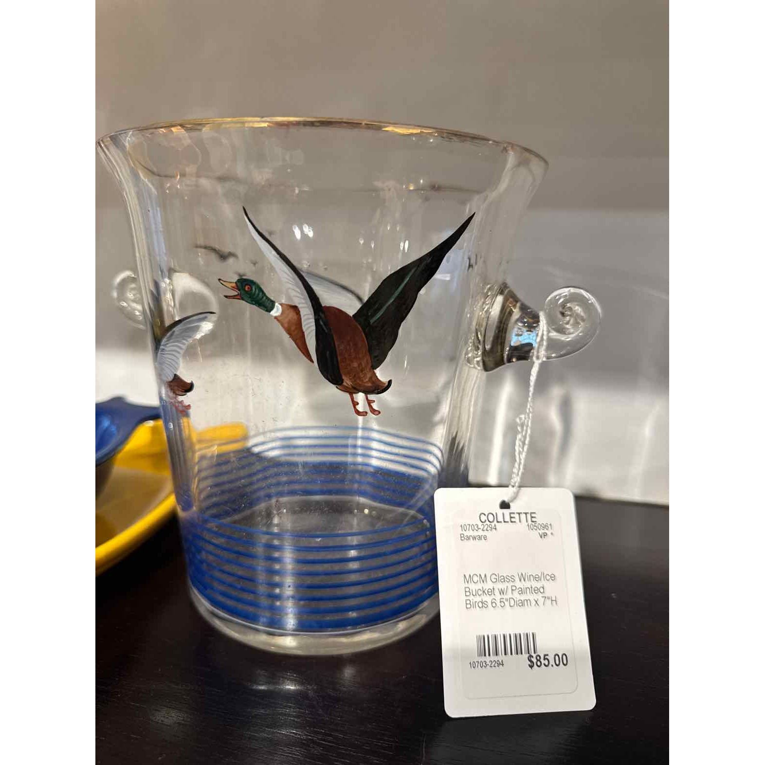 MCM Glass Wine/Ice Bucket w/ Painted Birds 6.5"Diam x 7"H - colletteconsignment.com