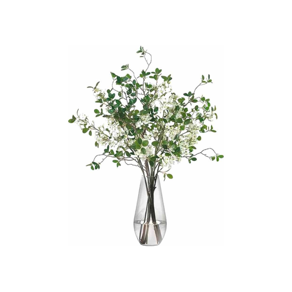BLOSSLF.GLS - White blossom and leaf bouquet in teardrop vase