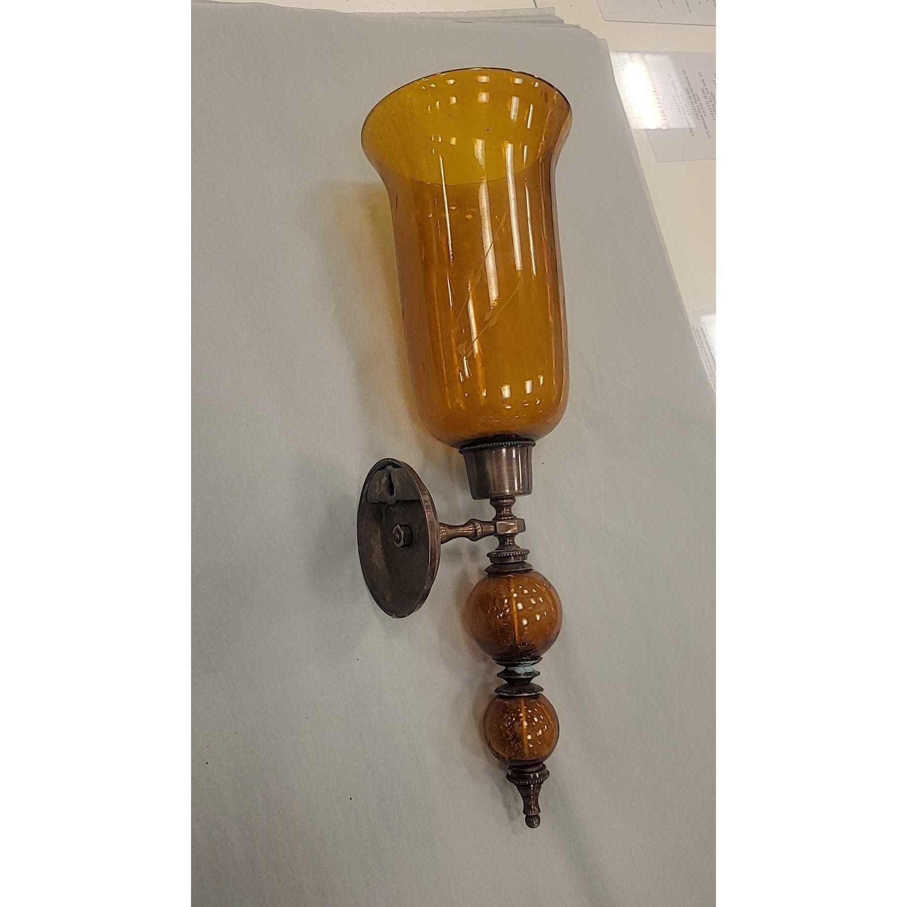 Antique Etched Amber Glass & Bronze Candle Stick Sconce (AS IS)