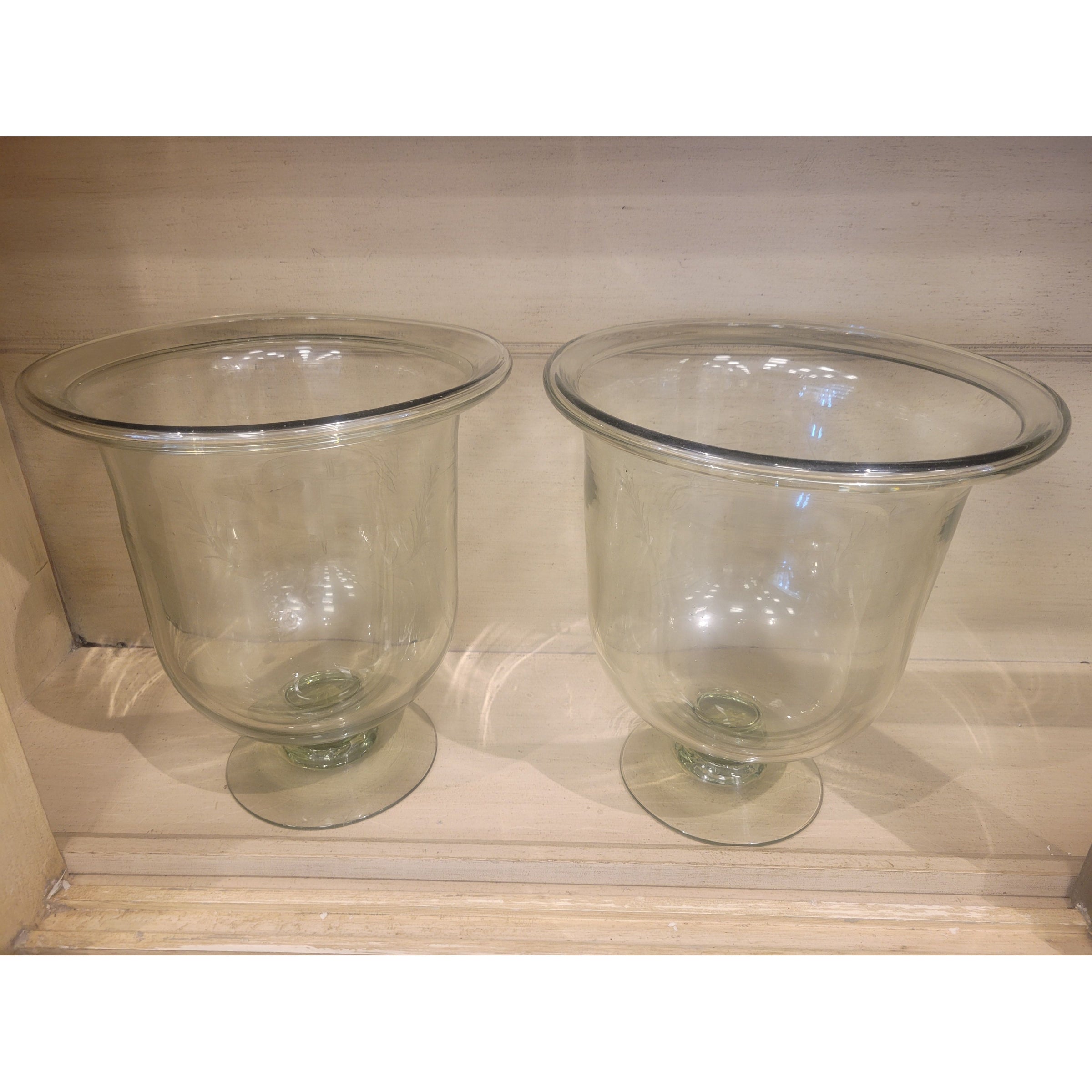 PAIR of Etched Glass Hurricanes w/ Equestrian Jumper Design