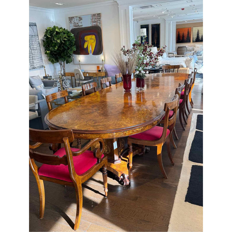 Set of 12 Regency Style Italian Wood King Dining Chairs w/ Red Velvet & Cane