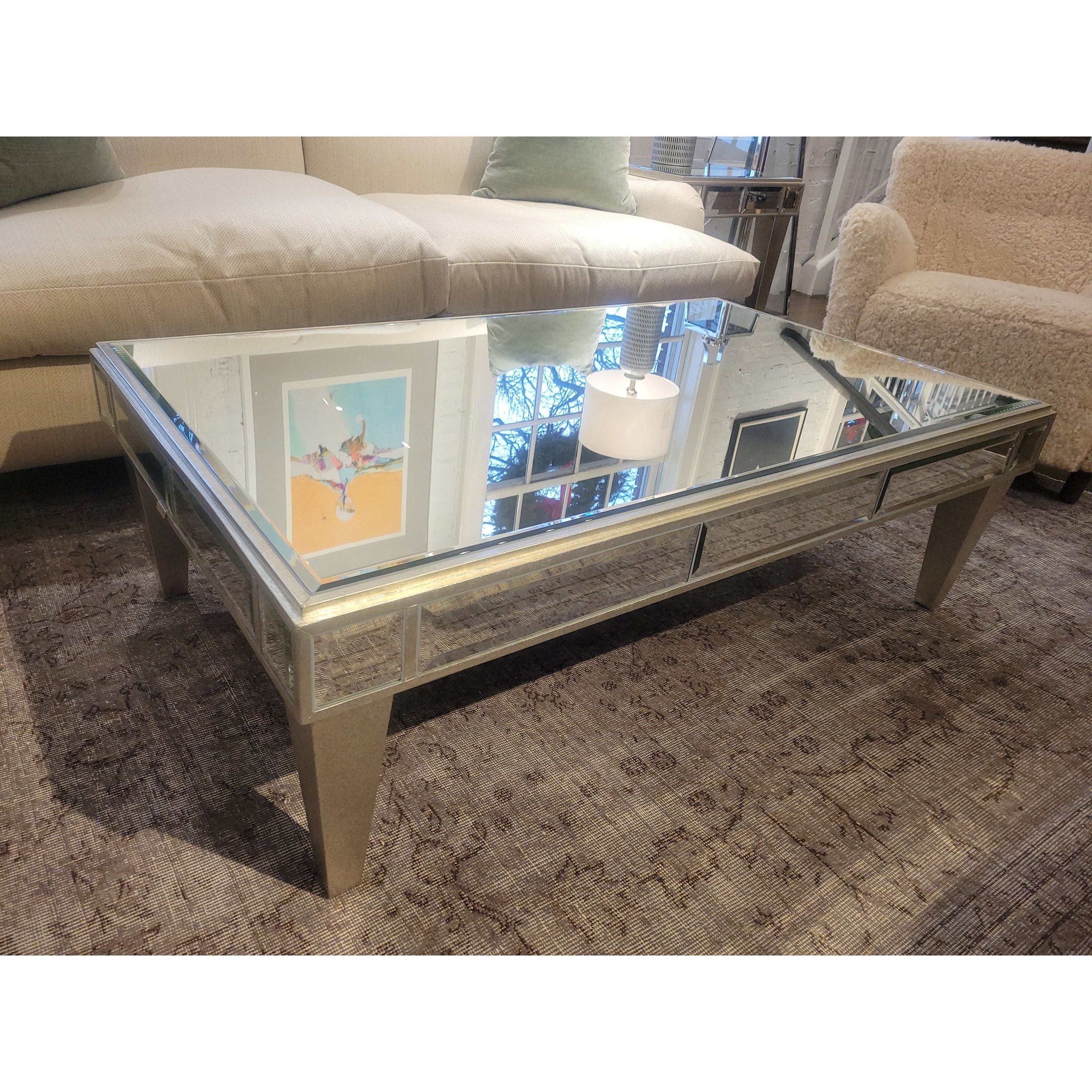 Mirrored Glass Silverleaf Finish Rectangular Coffee Table (As Is)