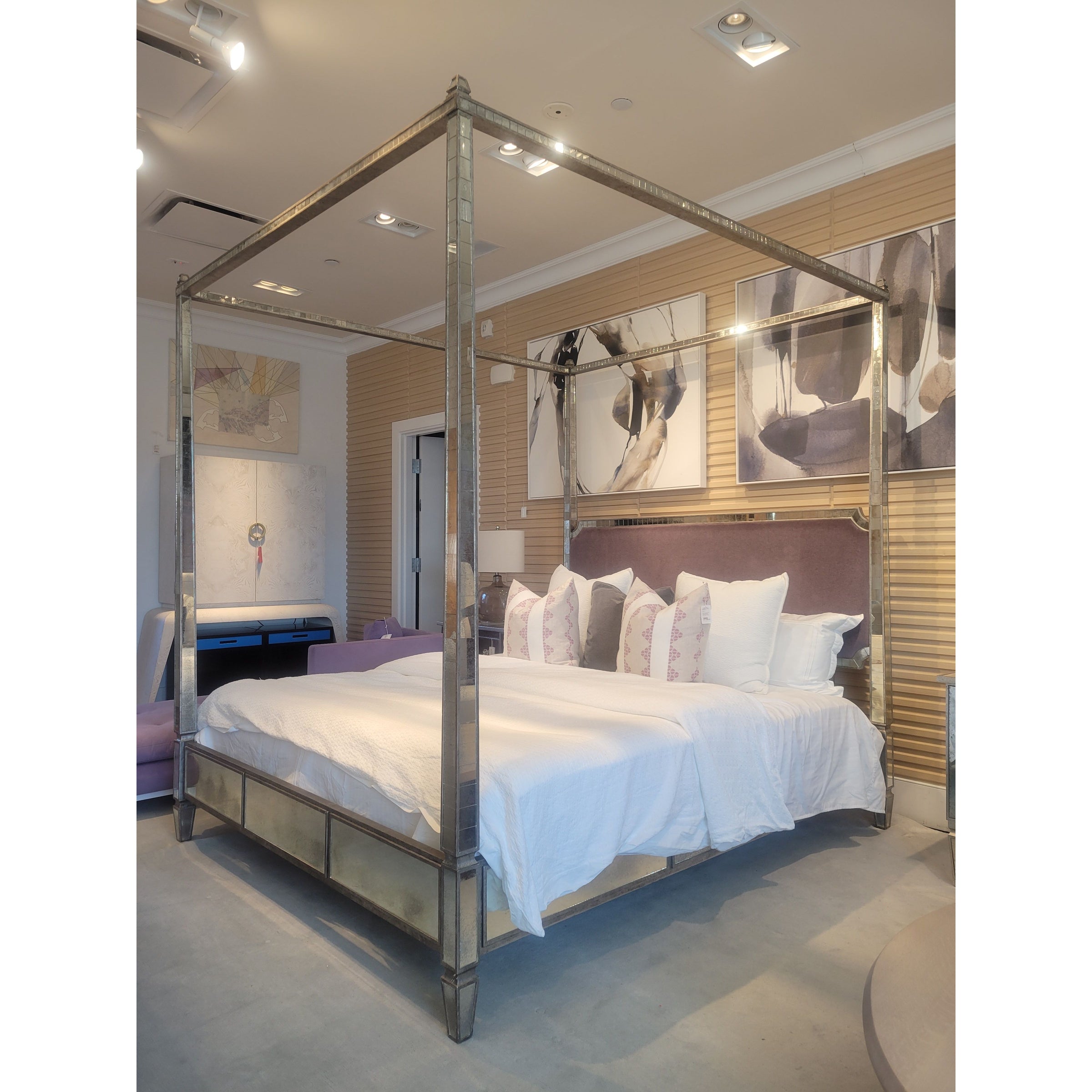 King-Sized Mirrored Mercury Glass Canopy Bed w/ Lilac Velvet Headboard (AS IS) - colletteconsignment.com