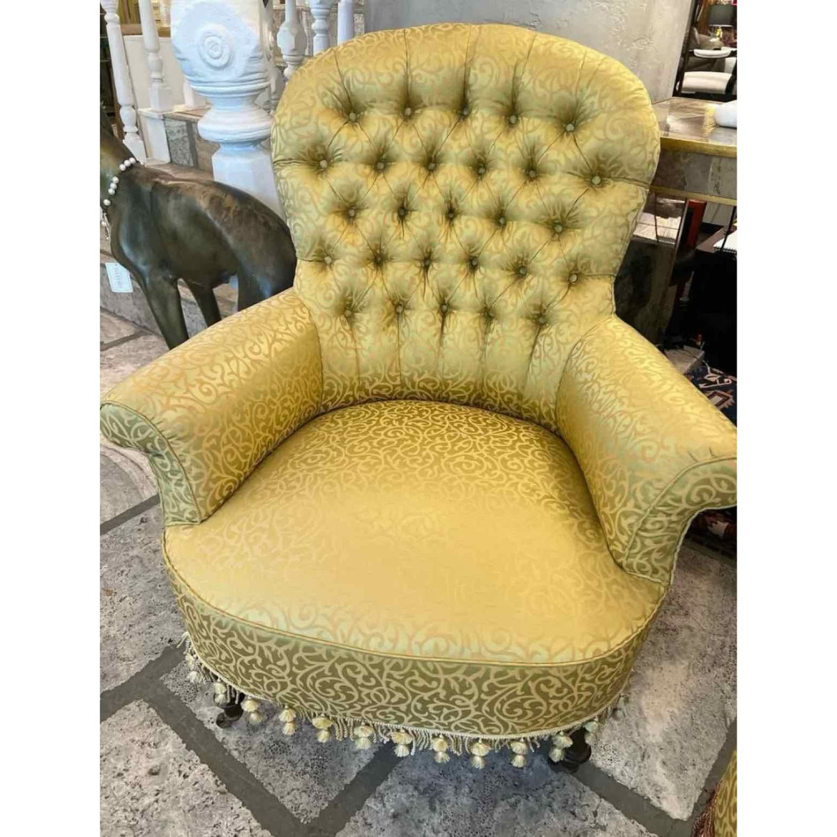 Vintage Green Pattern Design Uph. Accent Chair w/ Gold Tassels