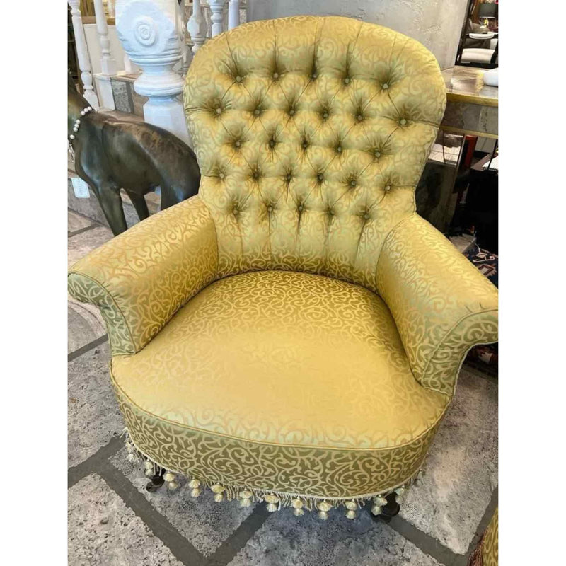 Vintage Green Pattern Design Uph. Accent Chair w/ Gold Tassels