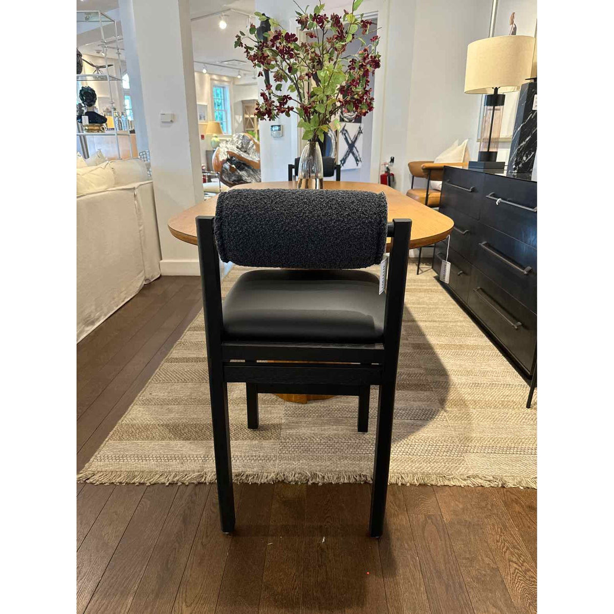 Custom Barstool in Pebbled Leather Ink Seat w/ Italian Boucle Storm Bolster in c