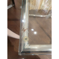 PAIR of Chrome Side Tables w/ Glass Tops & Wicker Magazine Holders - AS IS