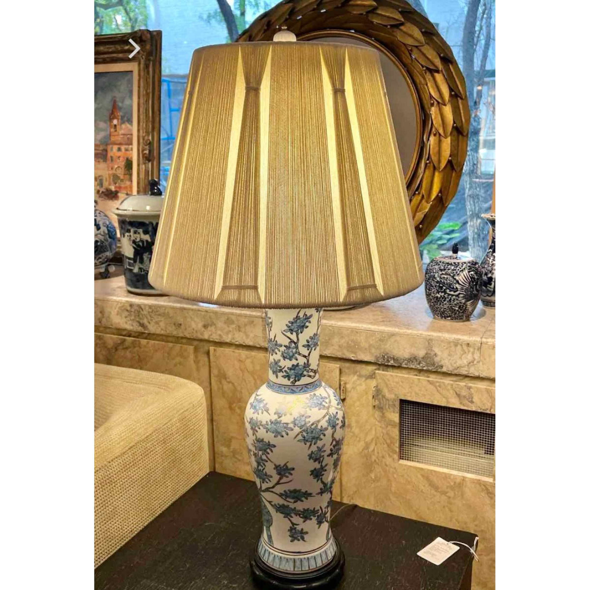 Pair of Blue/White Chinoiserie Table Lamps w/ Cream String Shades