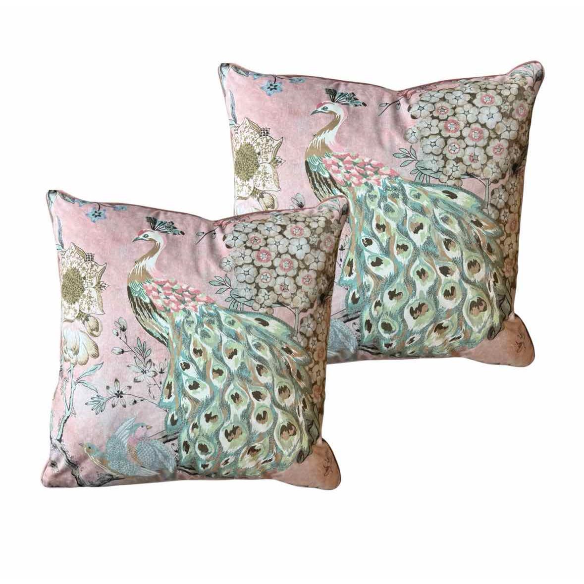 PAIR of Pink & Green Peacock Pillows