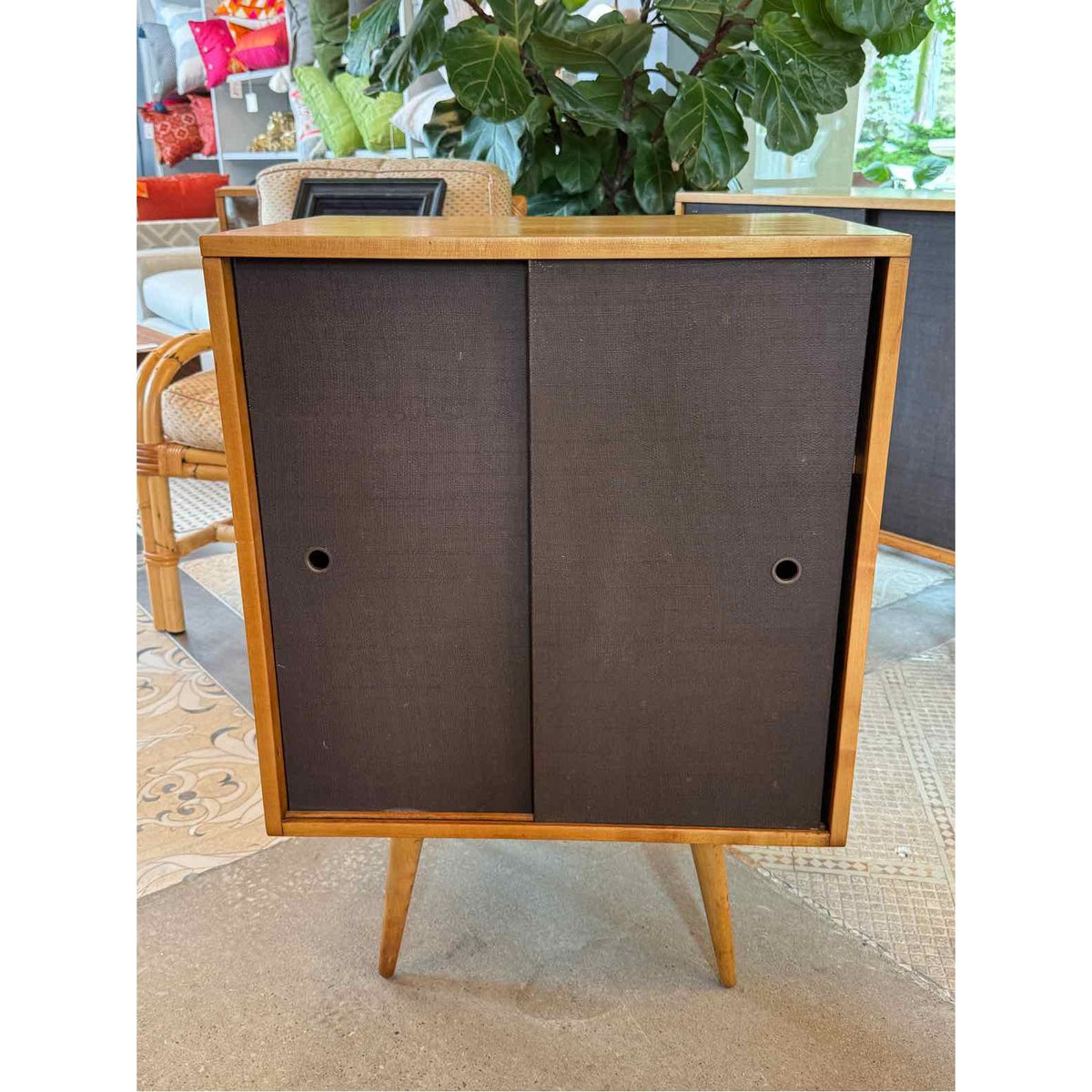 2-ft Mid-Century Maple Cabinet w/ Sliding Grasscloth Doors by Paul McCobb