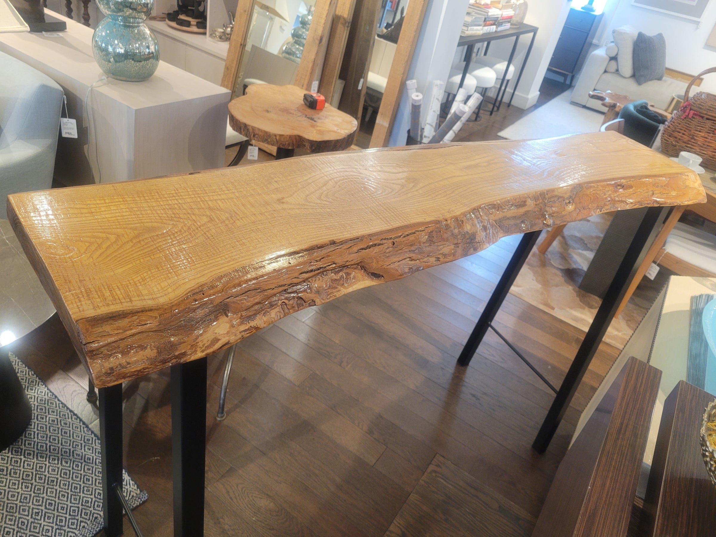 Live Edge Wood Slab Bar Height Console Table on Black Metal Legs