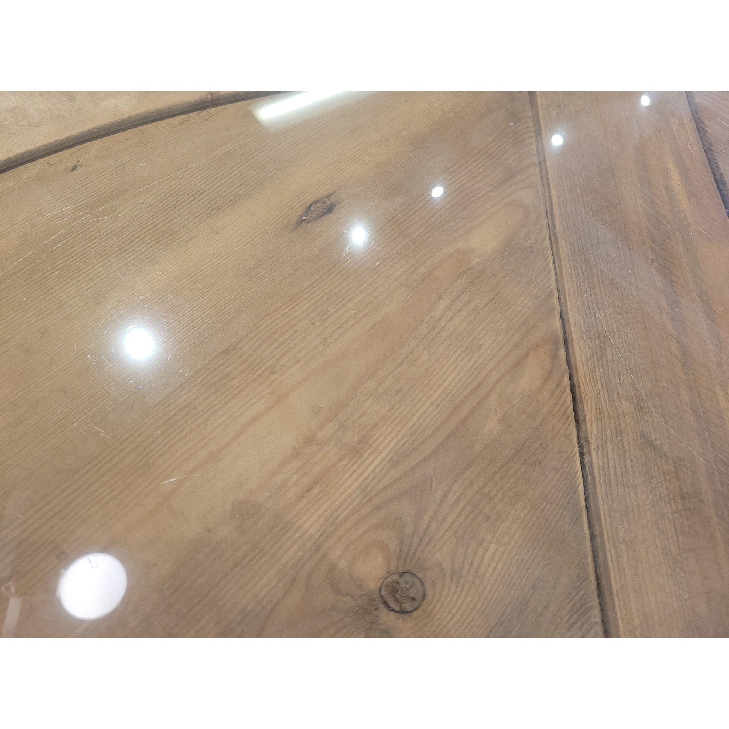 4-ft Round Wood Trestle Dining Table w/ Glass Top - AS IS