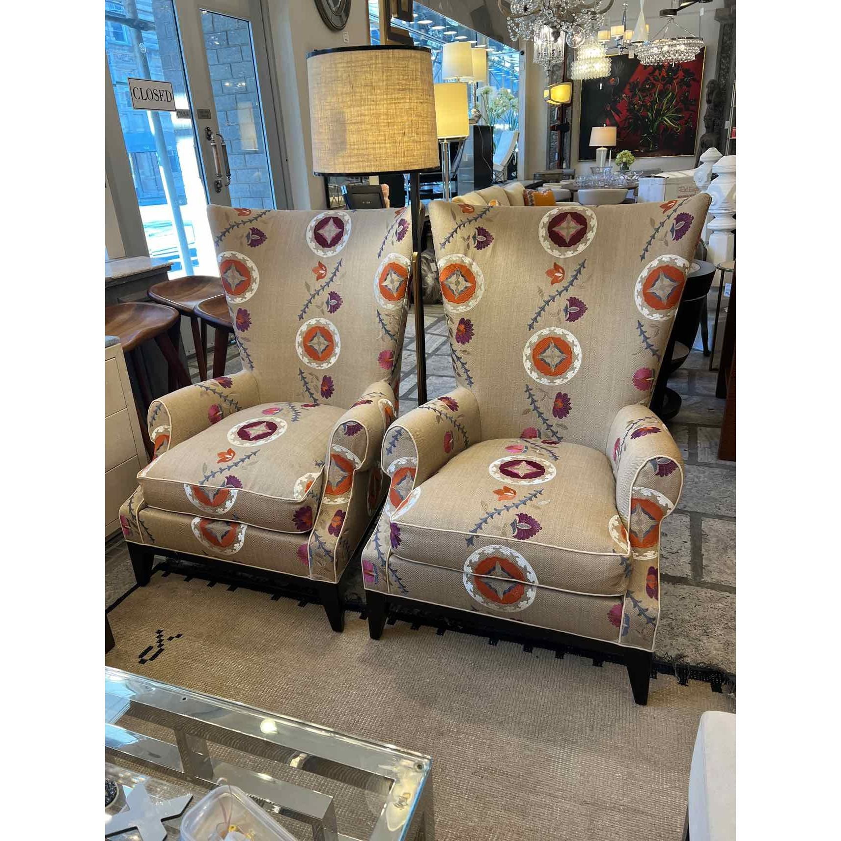 Pair of Donghia Tan Wing Back Chairs in Woven Multi-Colored Pattern