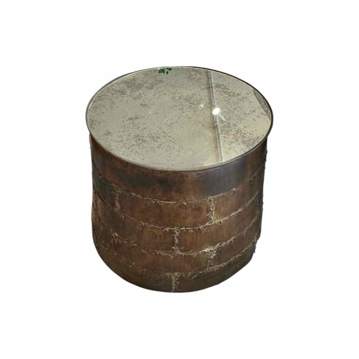 Vintage Metal Drum Coffee Table w/ Antiqued Mirror Glass Top - colletteconsignment.com