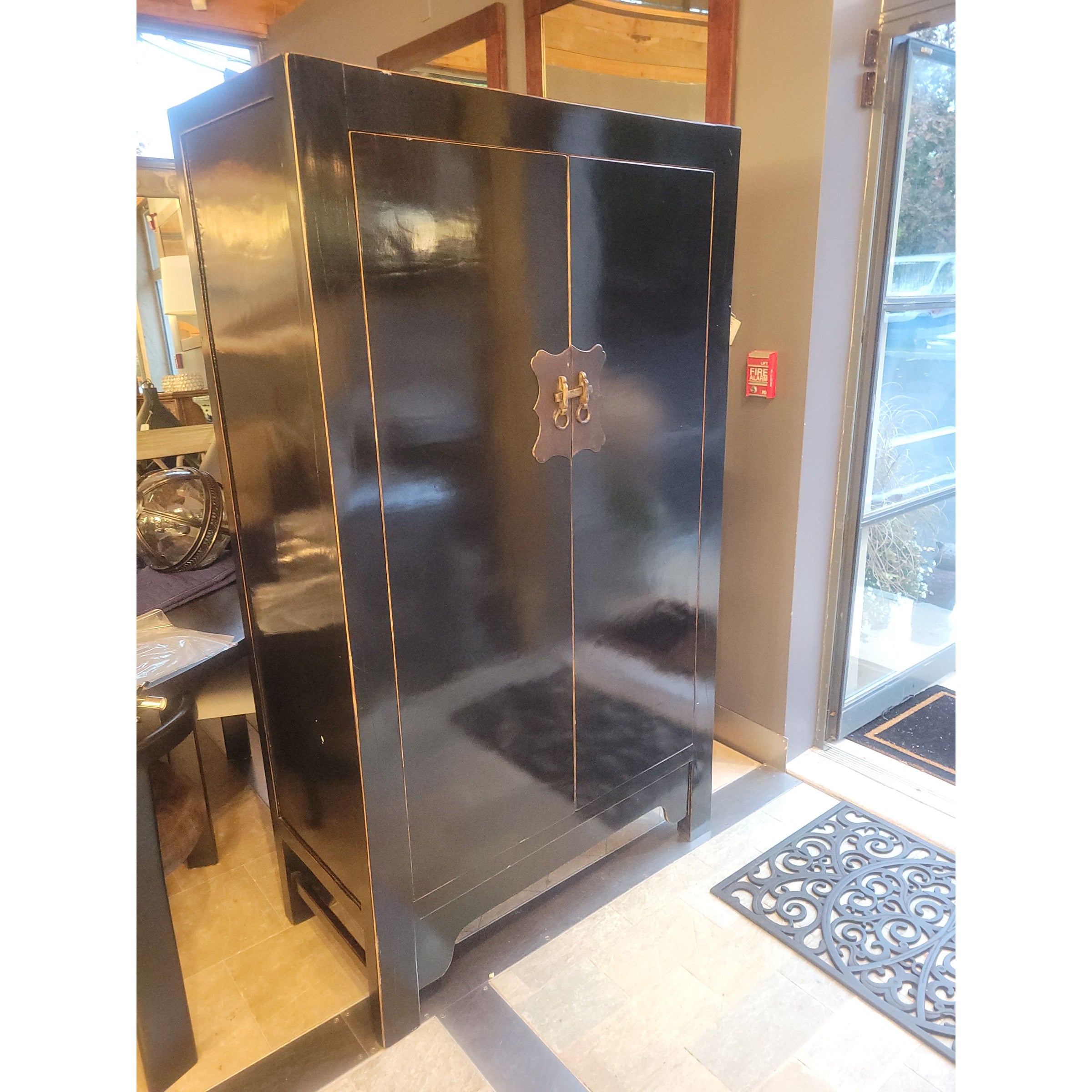 Vintage Asian Black Lacquer Armoire w/ Brass Hardware