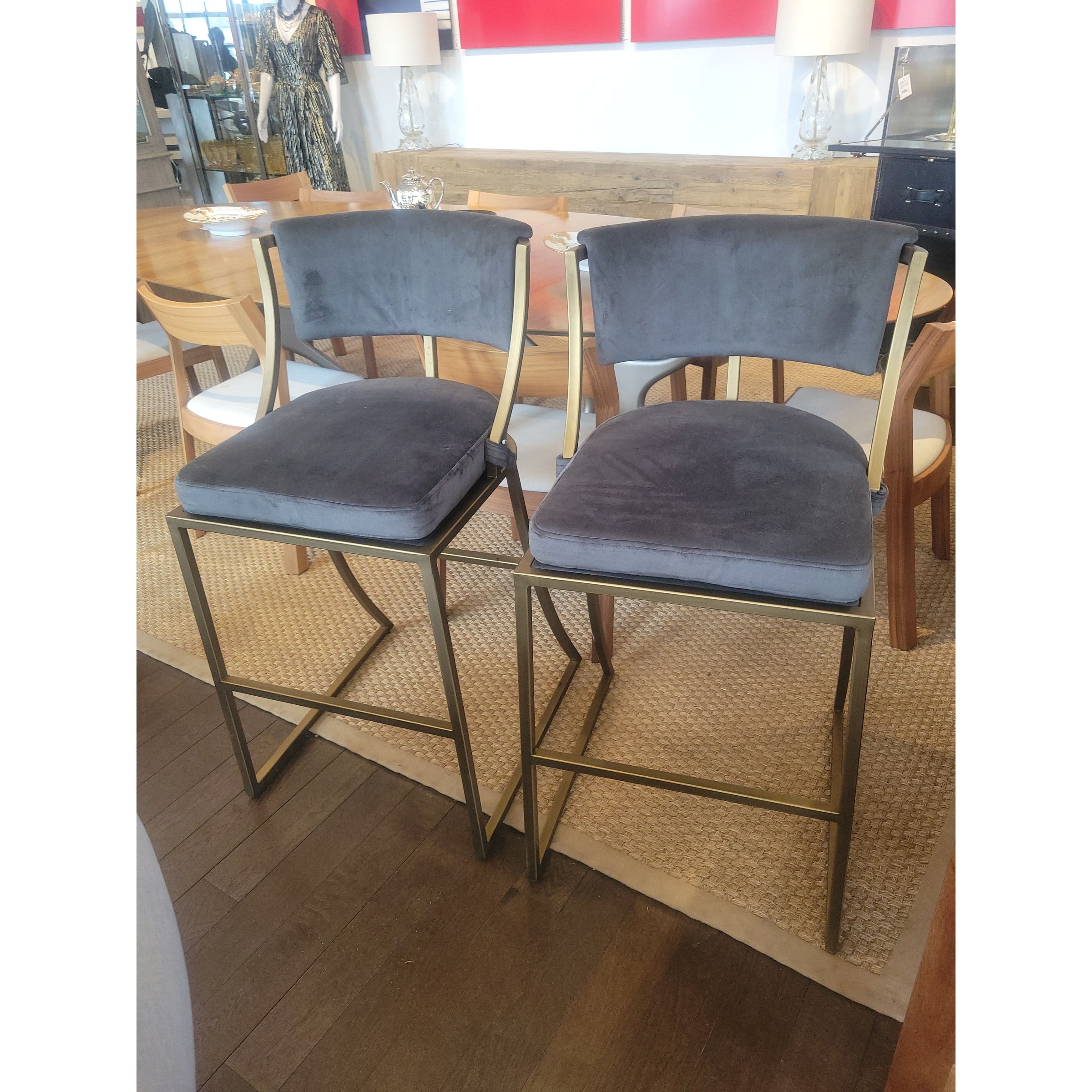 PAIR of Gray Velvet Bar Stools on Brass Bases by Ballard Designs