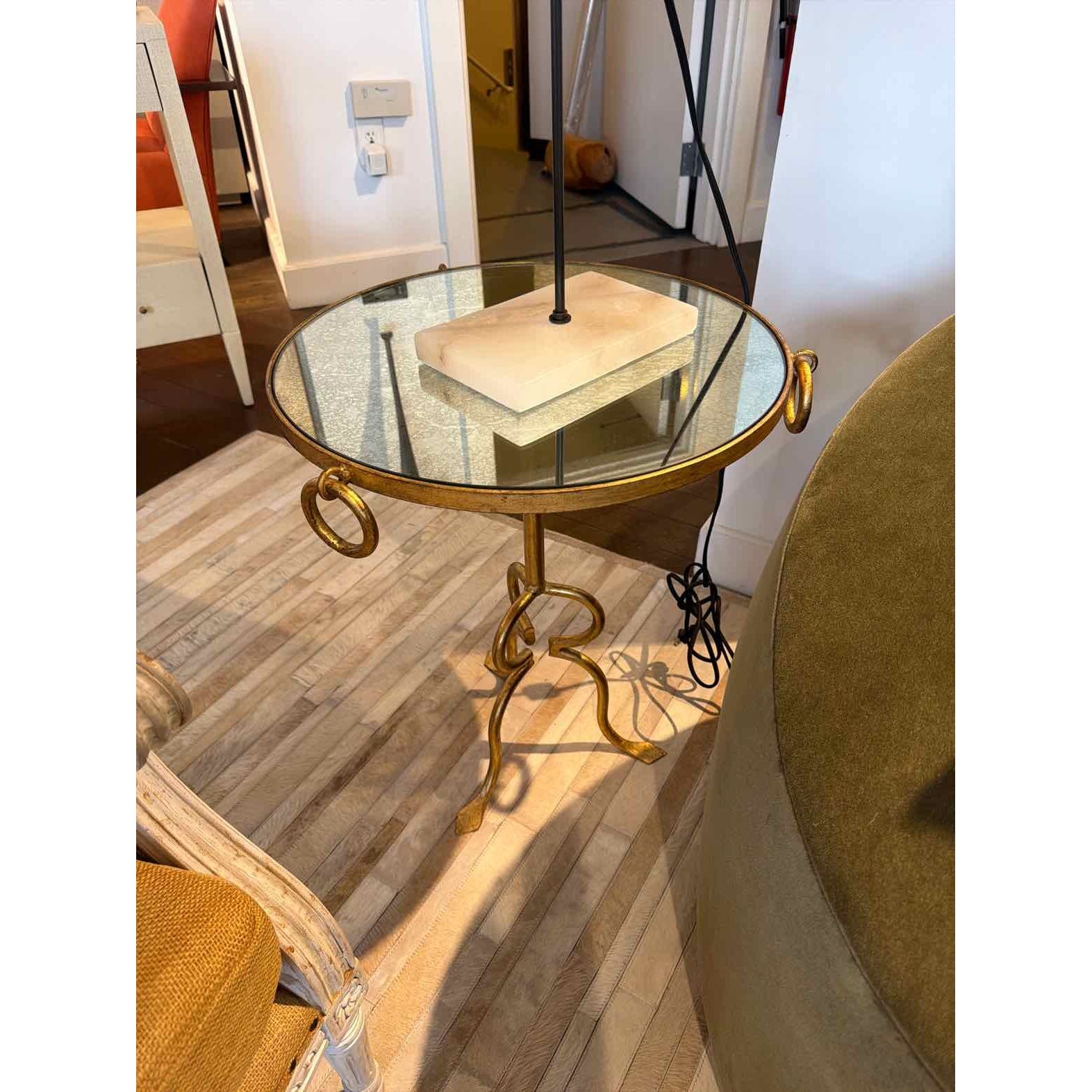 PAIR of Antiqued Glass Top Gold Tone Iron Tripod Side Tables by Arteriors