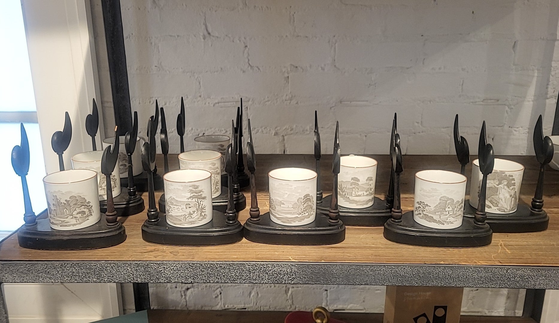 41-Pc 19th C. British Bat-Printed Porcelain Dish Set by Spode w/ Display Stands