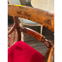 Regency Style Italian Wood King Arm Chair w/ Red Velvet & Cane