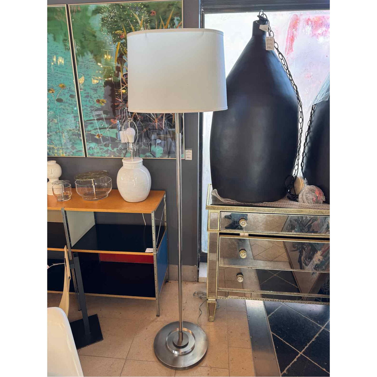 Chrome & Lucite Floor Lamp w/ Off-White Shade
