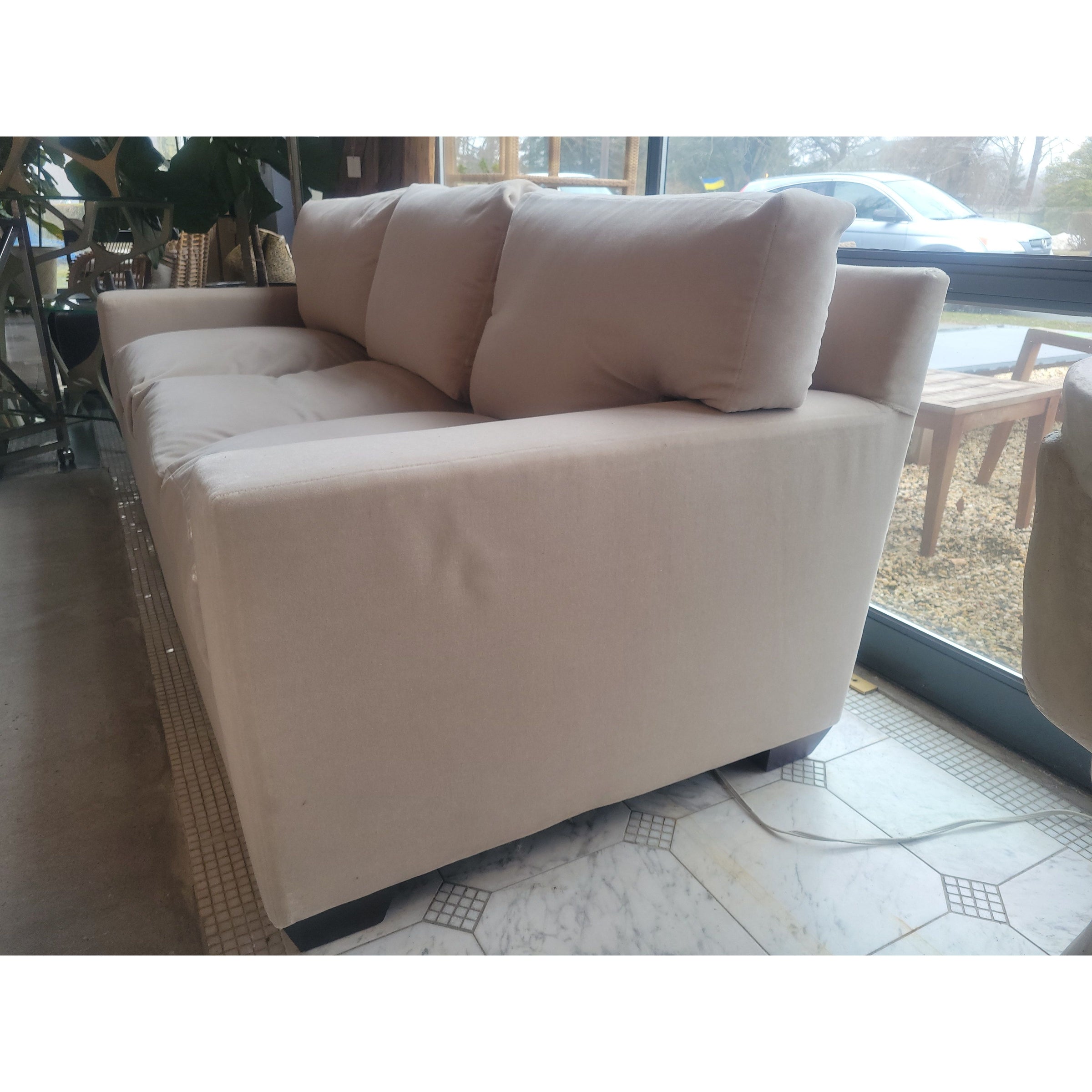 Custom 7-ft Beige Mohair 3-Seater Sofa - colletteconsignment.com