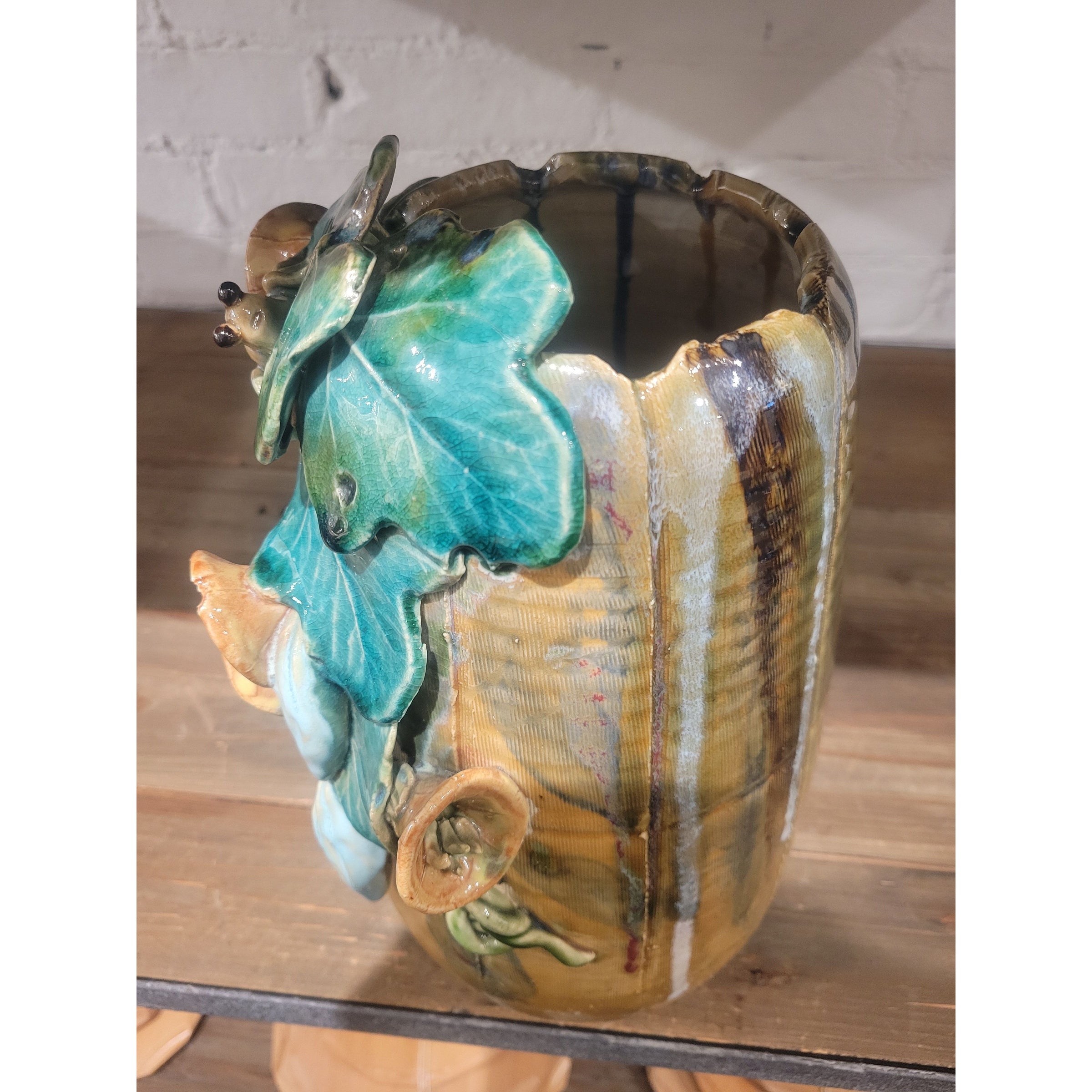 Majolica Style Ceramic Wrapped Leaf Vase by Mann