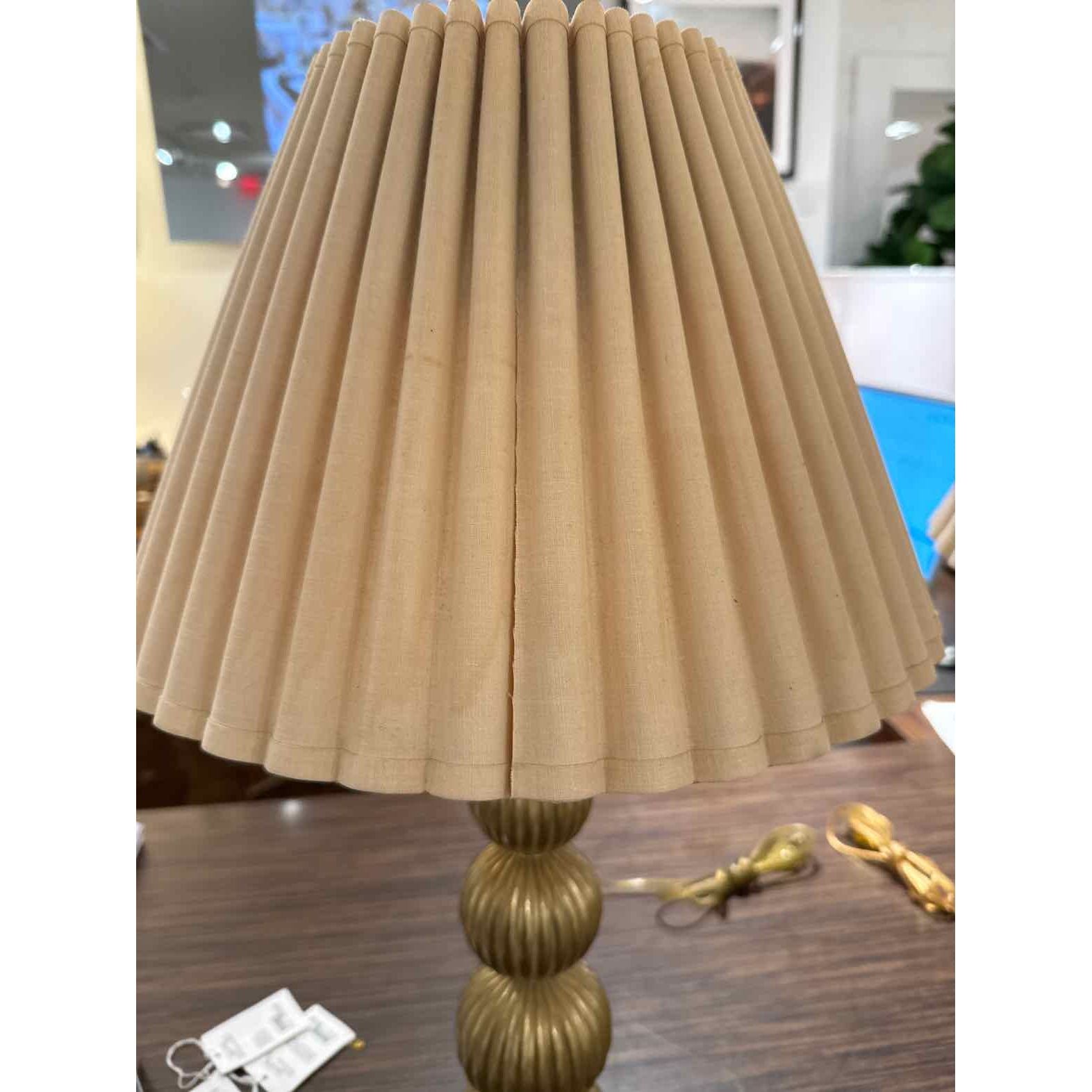 Pair of 1970's Brass Ribbed Balls Lamps w/Pleated Shades, 26"H x15"Dia