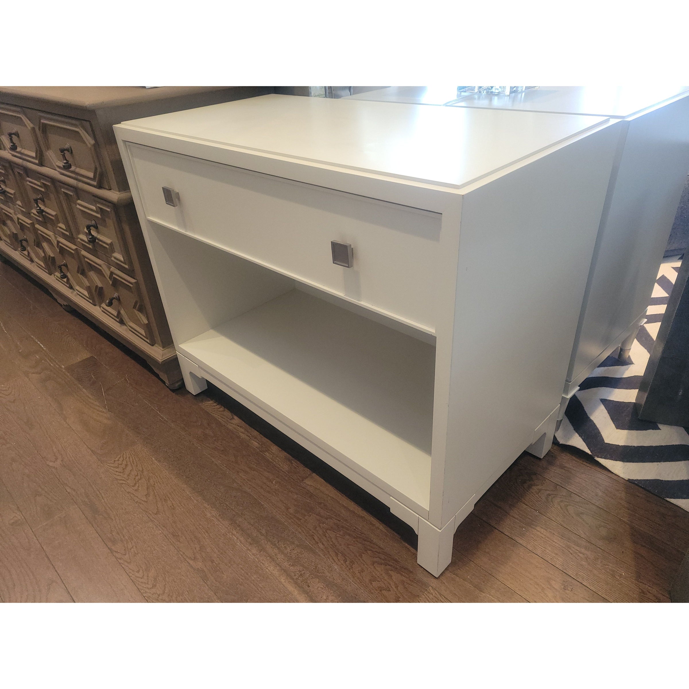 PAIR of 1-Drawer Matte White Lacquer Nightstands w/ Metal Pulls (AS IS)
