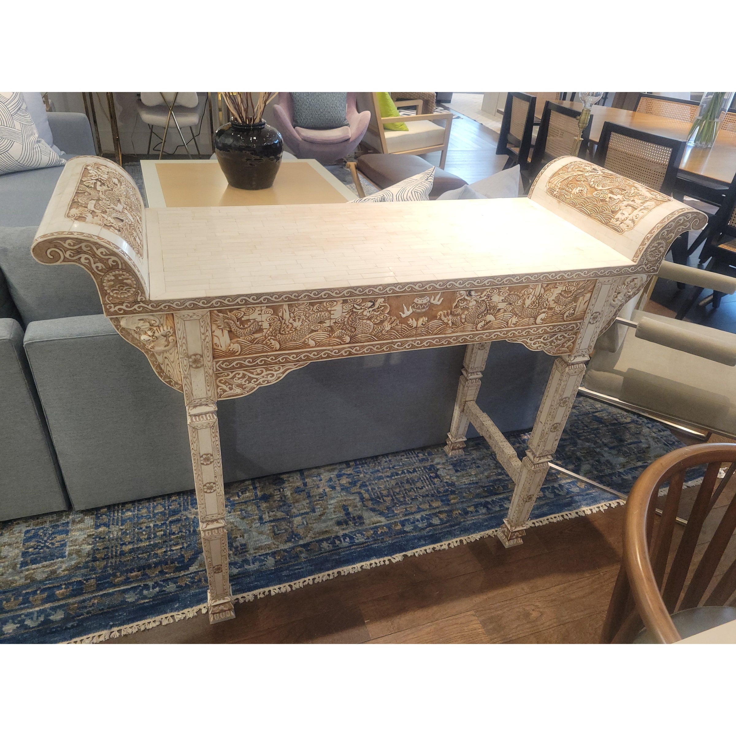 Vintage Chinese 2-Drawer Carved Bone Inlay Alter Table