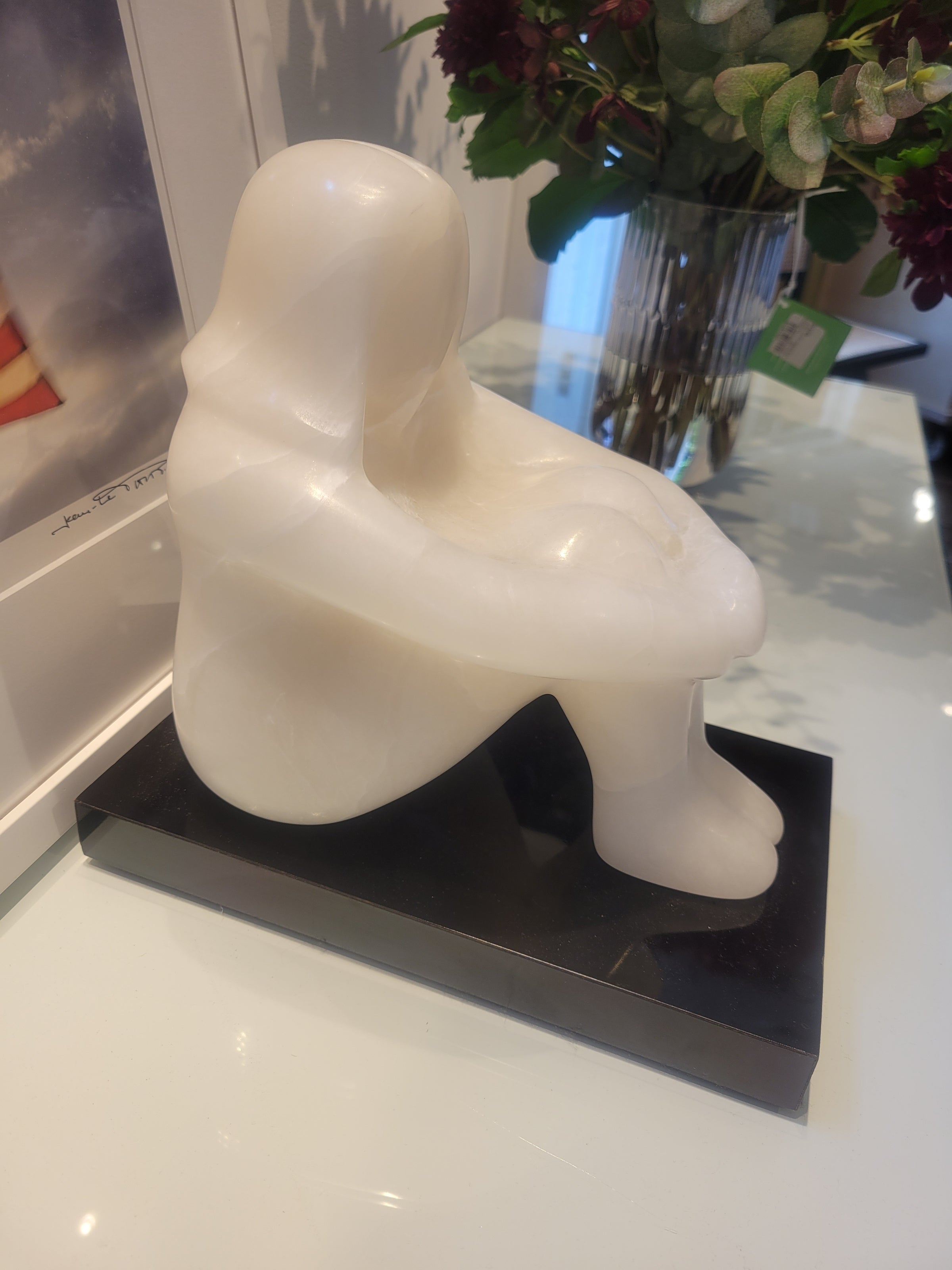 'Seated Girl IV' White Alabaster Sculpture on Marble Base by Robert L. Hooke