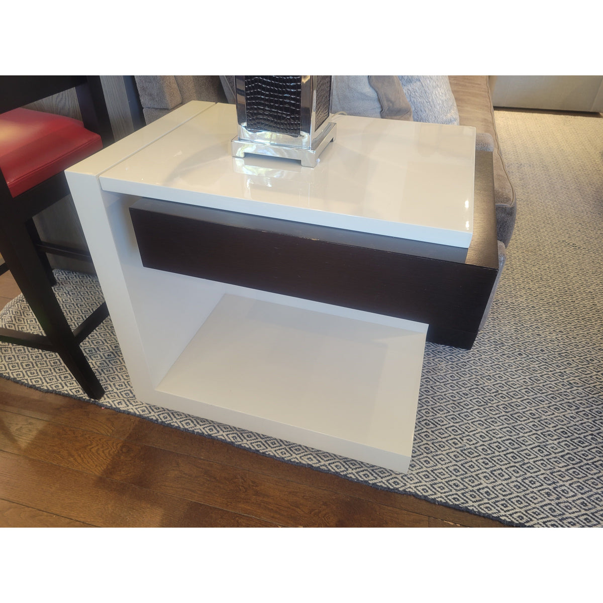 PAIR of Custom White Satin Lacquer Open Side Tables w/ Brown Wood Drawers - colletteconsignment.com